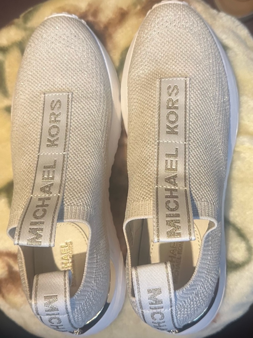 Michael Kors Cream Knit Slip-On Sneakers with Metallic Logo Band